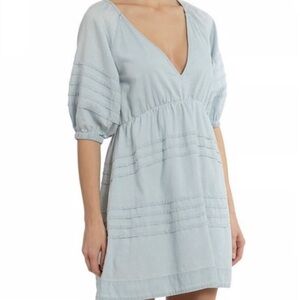 7 FOR ALL MANKIND Denim Babydoll Dress Large Blue Puff Sleeves